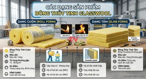So sánh thông số và quy cách các dạng sản phẩm bông thủy tinh Glasswool dạng cuộn và dạng tấm Govietpro.