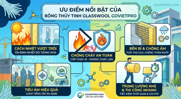 Infographic 5 ưu điểm nổi bật của bông thủy tinh Glasswool Govietpro: cách nhiệt, chống cháy A1, tiêu âm, bền bỉ chống ẩm và trọng lượng nhẹ.