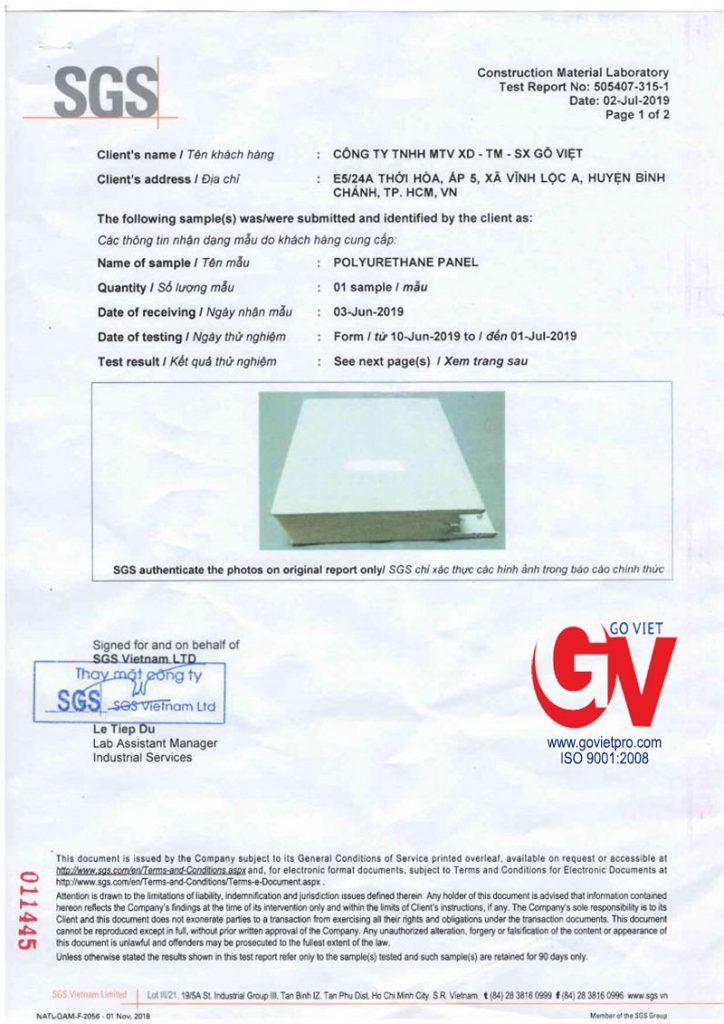 Thông tin test report cụ thể của tấm Panel PU