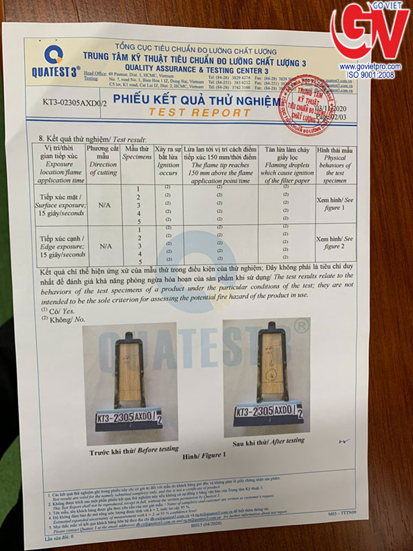 ván chống cháy Kết quả thử nghiệm khả năng chống cháy của sản phẩm