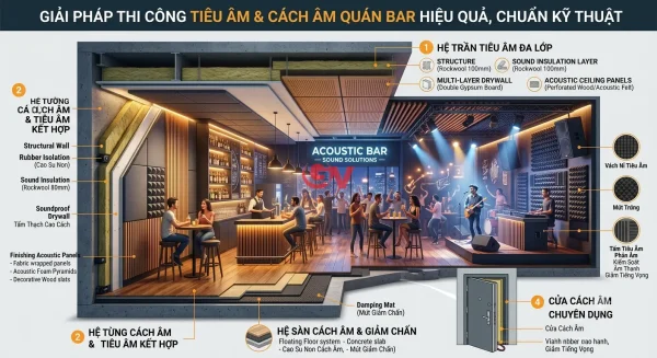Giải Pháp Thi Công Tiêu Âm Và Cách Âm Quán Bar Hiệu Quả, Chuẩn Kỹ Thuật 1 Giải pháp thi công tiêu âm và cách âm quán bar 4 lớp: trần, tường, sàn, cửa cách âm chuyên dụng