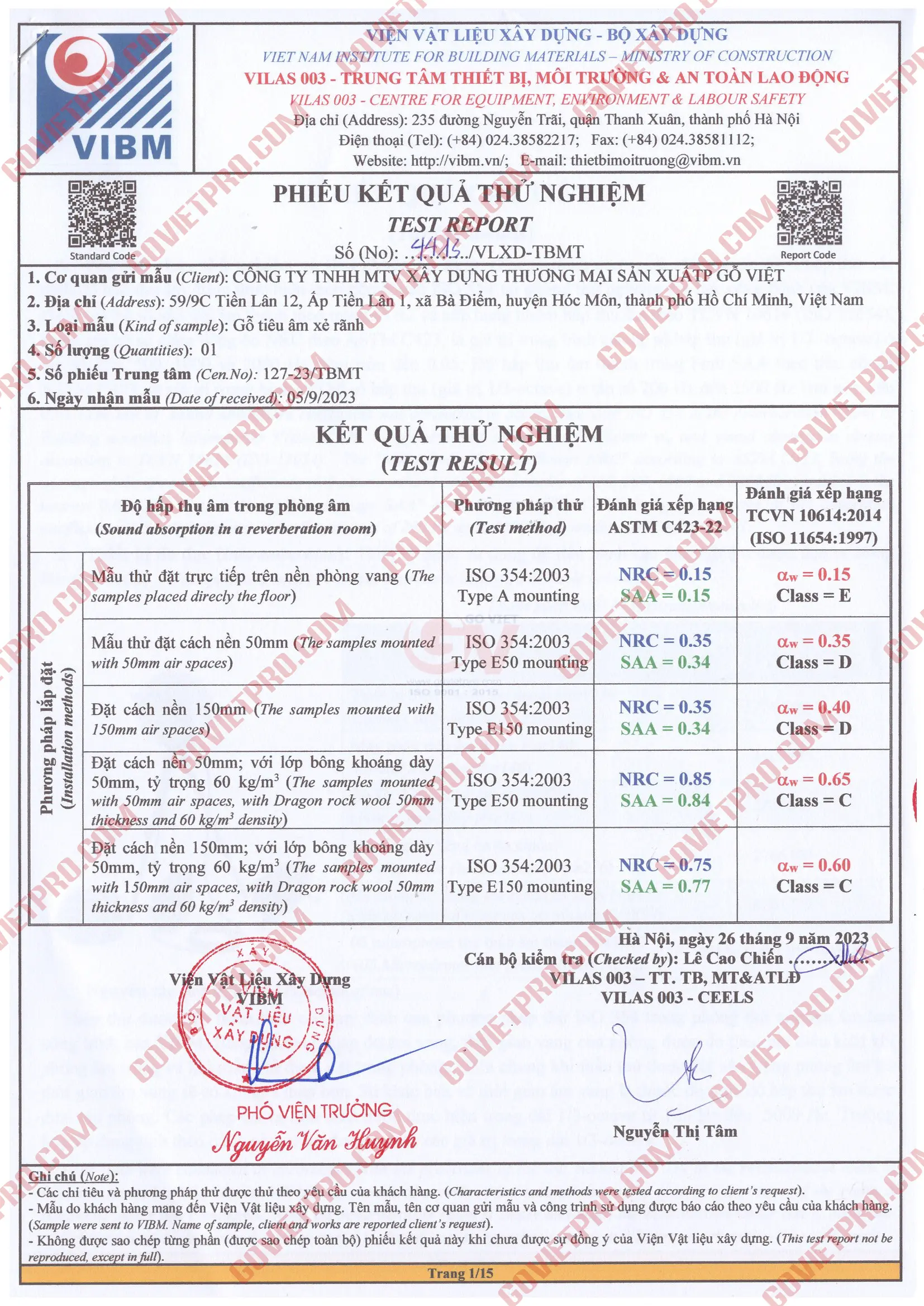 Test report gỗ tiêu âm đục lỗ tại VIBM