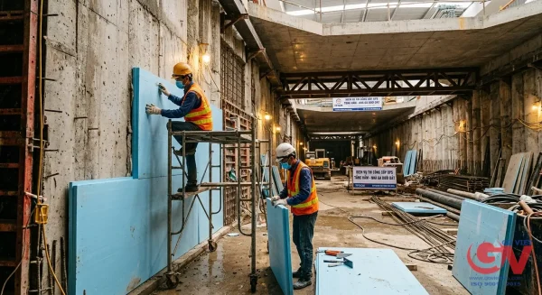 Dịch vụ thi công xốp XPS màu xanh dương chống thẩm thấu và cách nhiệt cho vách tầng hầm nhà ga tại TPHCM do Gỗ Việt thực hiện