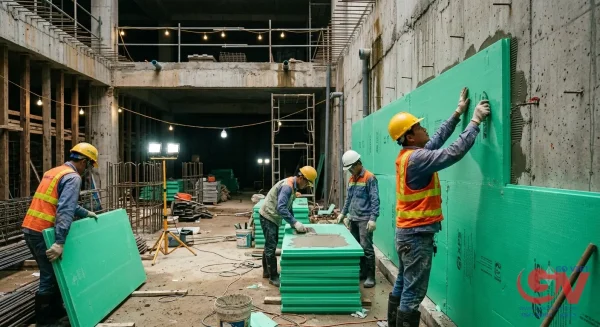 Thợ thi công dán tấm xốp XPS màu xanh lá cách nhiệt tôn nền chống ẩm chân công trình nhà ga dưới đất TPHCM