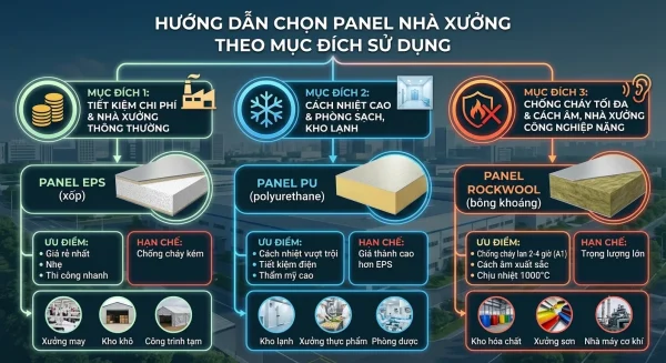 Quy Trình Thi Công Vách Nhà Xưởng Chi Tiết – Chọn Panel Theo Mục Đích Sử Dụng 3 Chọn panel EPS PU Rockwool cho nhà xưởng theo mục đích sử dụng
