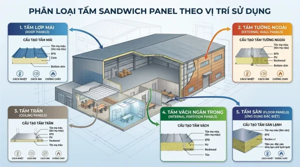 Phân loại tấm sandwich panel theo vị trí sử dụng cho mái, tường ngoài, trần, vách ngăn và sàn