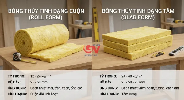 Glasswool là gì? Hiểu đúng về bông thủy tinh trước khi chọn mua 1 Hình ảnh minh họa hai dạng phổ biến của bông thủy tinh: dạng cuộn (roll form) và dạng tấm (slab form) với thông số kỹ thuật.