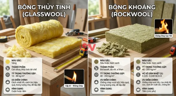 Glasswool là gì? Hiểu đúng về bông thủy tinh trước khi chọn mua 3 Bảng so sánh chi tiết giữa bông thủy tinh Glasswool và bông khoáng Rockwool về màu sắc, thành phần và tỷ trọng.