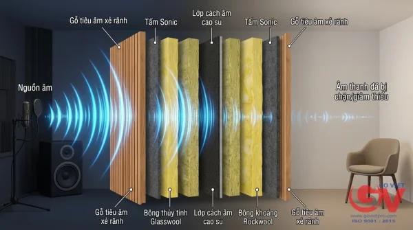Sơ đồ cấu tạo vách cách âm nhiều lớp của Gỗ Việt, bao gồm Gỗ tiêu âm xẻ rãnh, Tấm Sonic, Bông thủy tinh Glasswool, lớp cao su và Bông khoáng Rockwool giúp ngăn chặn sóng âm hiệu quả.