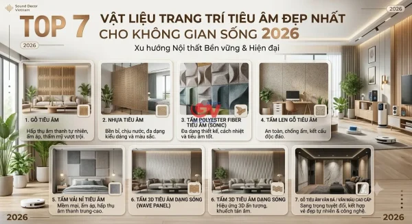 Infographic Top 7 vật liệu trang trí tiêu âm đẹp nhất cho không gian sống 2026