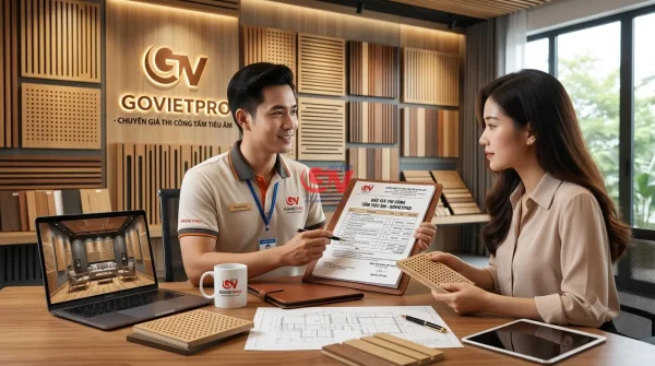 Nhân viên Govietpro tư vấn báo giá thi công tấm tiêu âm cho khách hàng