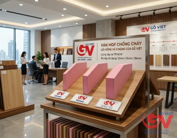 Mẫu ván MDF chống cháy lõi hồng dày 12mm, 15mm, 18mm trưng bày tại showroom Gỗ Việt