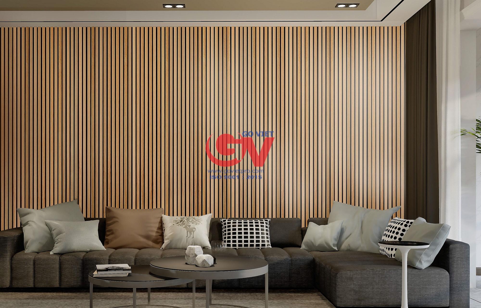 Ứng dụng thi công lam sóng gỗ MDF ốp tường phòng khách đẹp