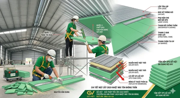 Cách Xử Lý Nhiệt Cho Nhà Mái Tôn Không Trần La Phông | Gỗ Việt 1 Sơ đồ chi tiết cách xử lý nhiệt cho nhà mái tôn không có trần la phông bằng tấm xốp cứng XPS Panel Phương Nam.