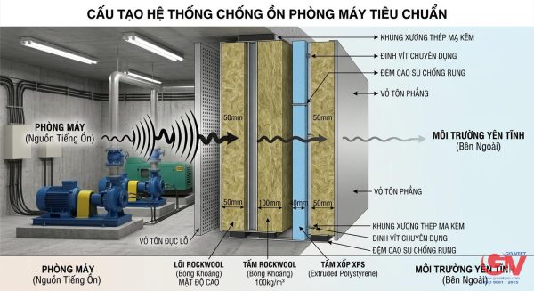 Sơ đồ cấu tạo hệ thống chống ồn phòng máy tiêu chuẩn nhiều lớp vật liệu