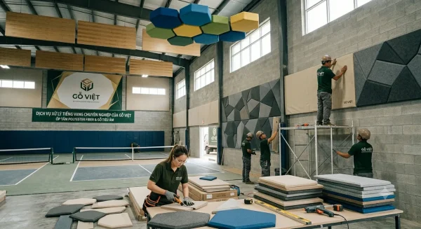 Thợ Gỗ Việt đang thi công ốp tấm polyester fiber tiêu âm xử lý tiếng vang cho vách sân tập pickleball
