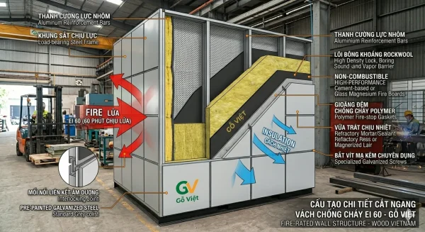 Sơ đồ cấu tạo mặt cắt chi tiết vách ngăn chống cháy EI 60 của Gỗ Việt với các lớp panel, bông khoáng Rockwool và gioăng Polymer.