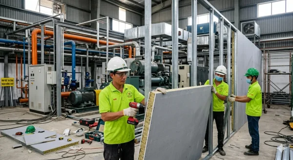 Công nhân Gỗ Việt đội mũ bảo hộ đang thực hiện lắp đặt tấm panel vách ngăn chống cháy EI 60 tại nhà xưởng thực tế.