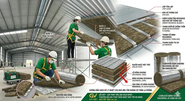 Cách Xử Lý Nhiệt Cho Nhà Mái Tôn Không Trần La Phông | Gỗ Việt 3 Hướng dẫn các bước chèn và cố định bông khoáng Rockwool cách nhiệt cho mái tôn không trần của Panel Phương Nam.