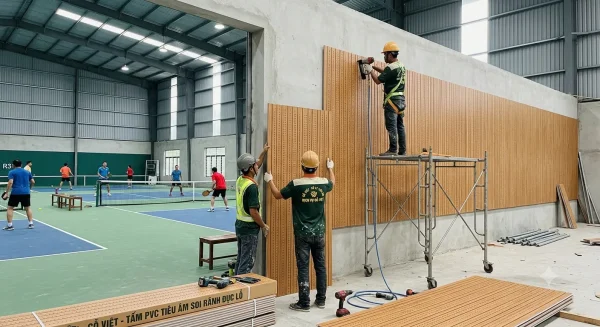 Dịch vụ xử lý tiếng vang chuyên nghiệp cho sân tập pickleball bằng tấm PVC tiêu âm soi rãnh đục lỗ của Gỗ Việt