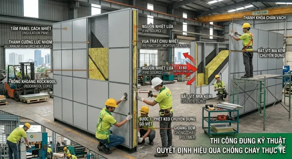Infographic 5 bước quy trình thi công vách ngăn chống cháy EI 60 chuẩn kỹ thuật trong nhà xưởng của Gỗ Việt.