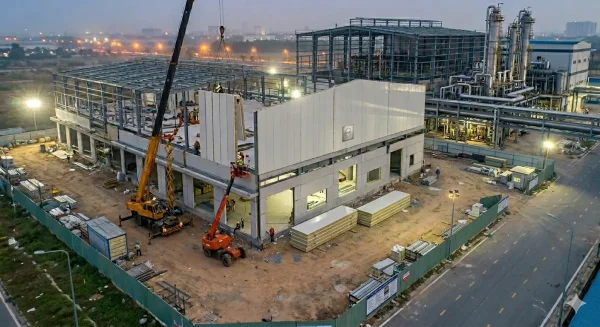 Toàn cảnh công trường thi công vách ngăn chống cháy EI 60 tại nhà xưởng công nghiệp do Gỗ Việt thực hiện.