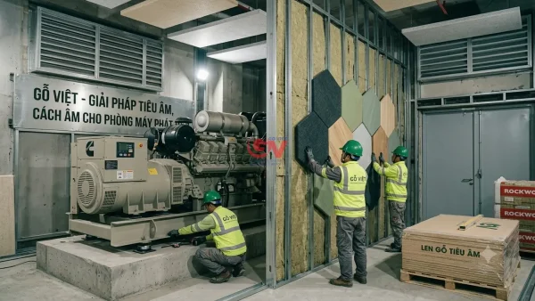 Công nhân thi công cách âm cho phòng máy phát điện với vật liệu tiêu âm chuyên dụng.