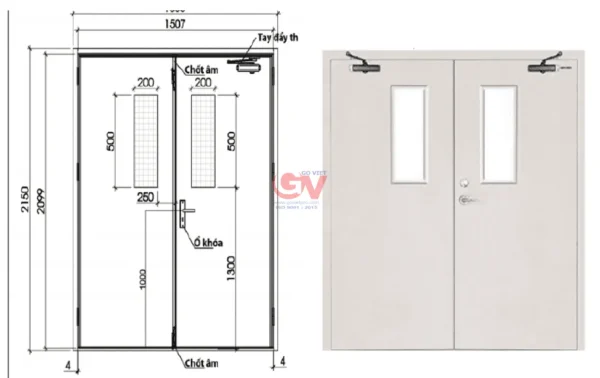 Bản vẽ kỹ thuật chi tiết kích thước và phụ kiện cửa thép chống cháy EI60 EI90