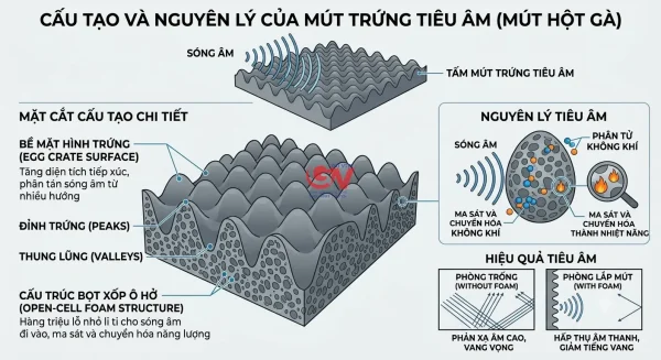 Mặt cắt cấu tạo chi tiết và nguyên lý hoạt động bẫy sóng âm của mút trứng tiêu âm acoustic foam.