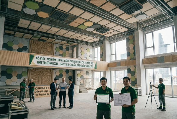 Đội ngũ chuyên gia tiến hành khảo sát, phân tích nguồn gây tiếng vang để thiết kế phương án cải tạo và xử lý tiêu âm hội trường cũ phù hợp nhất với từng cấu trúc không gian.