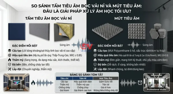 So sánh chi tiết tấm tiêu âm bọc vải nỉ và mút tiêu âm về cấu tạo, hiệu quả tiêu âm và tính thẩm mỹ.