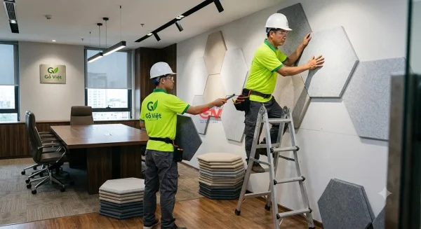 Đội ngũ kỹ thuật Gỗ Việt thi công lắp đặt tấm tiêu âm vách tường cho phòng họp