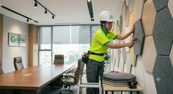 Kỹ thuật viên Gỗ Việt đang thi công lắp đặt tấm vải nỉ tiêu âm cho phòng họp văn phòng
