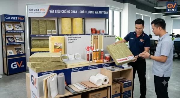 Nhân viên Go Việt Pro đang tư vấn các loại vật liệu chống cháy và cách nhiệt tiêu chuẩn như bông khoáng Rockwool, bông thủy tinh, tấm canxi silicat và keo chống cháy.