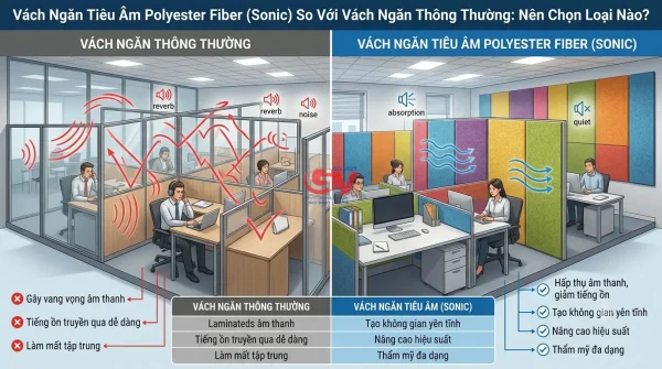 Vách Ngăn Tiêu Âm Polyester Fiber (Sonic) So Với Vách Ngăn Thông Thường: Nên Chọn Loại Nào? 1 Infographic so sánh vách ngăn tiêu âm Polyester Fiber sonic và vách ngăn thông thường