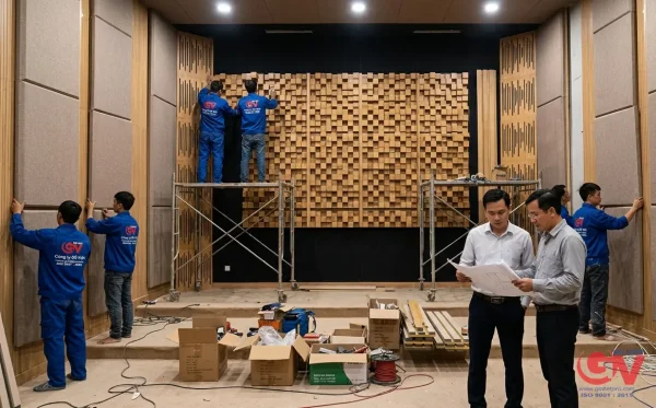 Giải pháp để thi công phòng cách âm đạt chuẩn chất lượng bởi Gỗ Việt 3 Đội ngũ Gỗ Việt thi công phòng cách âm thực tế tại công trình