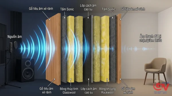 Giải pháp để thi công phòng cách âm đạt chuẩn chất lượng bởi Gỗ Việt 2 Nguyên lý thi công cách âm nhiều lớp bằng gỗ tiêu âm, bông khoáng và cao su non