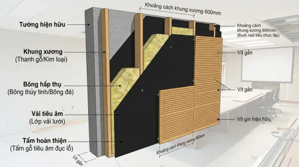 Sơ đồ cấu tạo các lớp thi công ốp gỗ tiêu âm tường gồm khung xương, bông hấp thụ, vải tiêu âm và tấm hoàn thiện