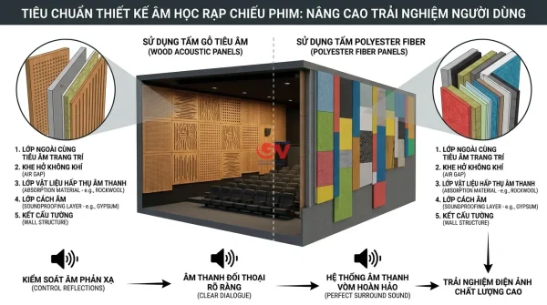 Cấu tạo tường tiêu âm rạp chiếu phim với tấm gỗ và tấm Polyester Fiber
