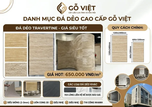 Bảng giá tấm đá dẻo ốp tường 2026 mới nhất tại Gỗ Việt 1 Bảng giá tấm đá dẻo travertine ốp tường Gỗ Việt, quy cách 600x1200mm và 1200x2400mm
