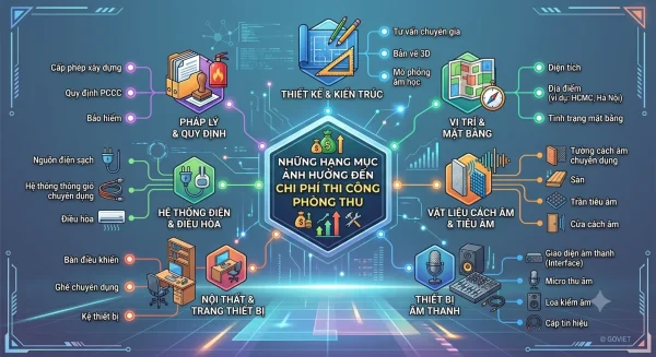 Các hạng mục ảnh hưởng đến chi phí thi công phòng thu âm gồm thiết kế, vật liệu, điện, thông gió và thiết bị