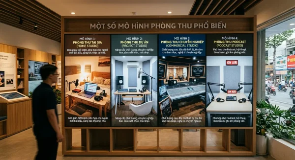 Các mô hình phòng thu âm gia đình, phòng thu bán chuyên, studio thương mại và phòng thu podcast