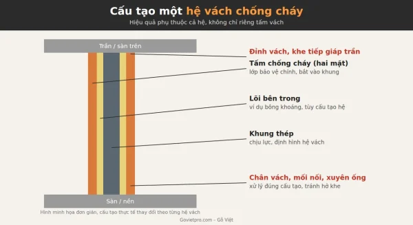 Sơ đồ cấu tạo hệ vách chống cháy gồm tấm chống cháy, lõi bên trong, khung thép và các điểm nối chân vách, đỉnh vách