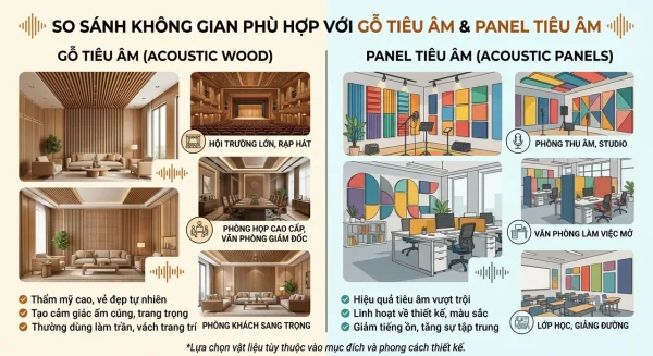 So sánh gỗ tiêu âm và panel tiêu âm: nên chọn loại nào cho hợp lý? 1 So sánh không gian phù hợp với gỗ tiêu âm như hội trường, phòng họp và panel tiêu âm như studio, văn phòng, lớp học