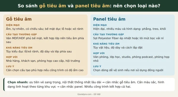 So sánh gỗ tiêu âm và panel tiêu âm: nên chọn loại nào cho hợp lý? 1 Bảng so sánh gỗ tiêu âm và panel tiêu âm về diện mạo, cấu tạo, khả năng tiêu âm và ứng dụng