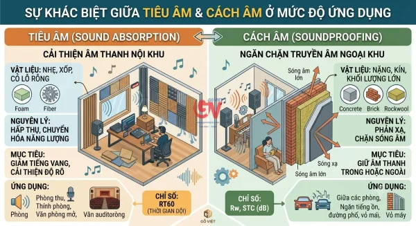 Tiêu âm và cách âm khác nhau như thế nào ở mức độ ứng dụng? 1 Sự khác biệt giữa tiêu âm và cách âm về nguyên lý, vật liệu, chỉ số đo lường và ứng dụng thực tế trong không gian.