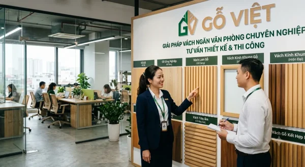 Chuyên viên Gỗ Việt tư vấn mẫu vách ngăn văn phòng gỗ, lam gỗ và kính khung gỗ tại showroom
