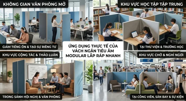 Vách ngăn tiêu âm modular lắp ráp nhanh: chia lại không gian mà không cần xây tường 2 Ứng dụng vách ngăn tiêu âm modular tại văn phòng mở, khu thảo luận, thư viện, khu chờ và sân bay
