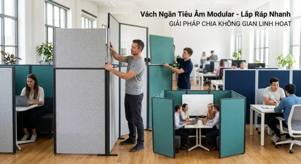 Vách ngăn tiêu âm modular lắp ráp nhanh: chia lại không gian mà không cần xây tường 1 Hai nhân viên lắp ghép tấm vách ngăn tiêu âm modular lắp ráp nhanh trong văn phòng mở